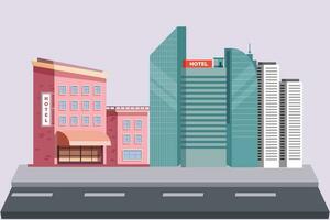 Shopping mall and hotels concept. Colored flat vector illustration isolated.