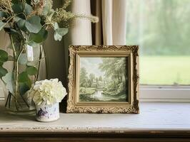 AI generated Vintage art frame in the elegant interior, wall and home decor photo