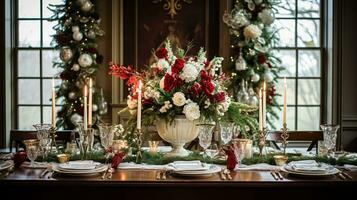 AI generated Christmas at the manor, holiday tablescape and dinner table setting, English countryside decoration and interior decor photo
