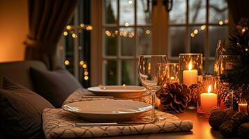 ai generado festivo fecha noche paisaje de mesa idea, cena mesa ajuste para dos y Navidad, nuevo año, san valentin día decoración, Inglés país hogar peinado foto