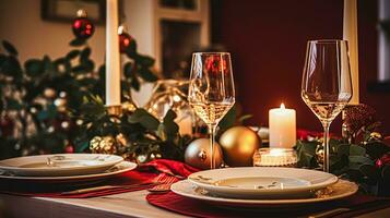 ai generado festivo fecha noche paisaje de mesa idea, cena mesa ajuste para dos y Navidad, nuevo año, san valentin día decoración, Inglés país hogar peinado foto