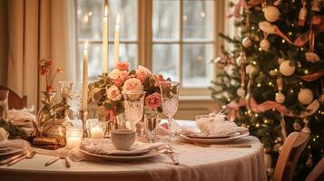 AI generated Table decor for festive family dinner at home, holiday tablescape and table setting, formal for wedding, celebration, English country and home styling photo