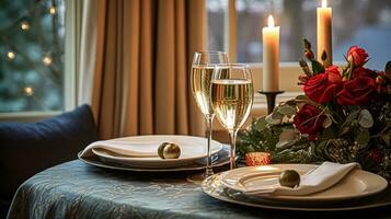 festivo fecha noche paisaje de mesa idea, cena mesa ajuste para dos y Navidad, nuevo año, san valentin día decoración, Inglés país hogar peinado foto