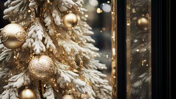 AI generated Christmas decoration details on English styled luxury high street city store door or shopping window display, holiday sale and shop decor photo