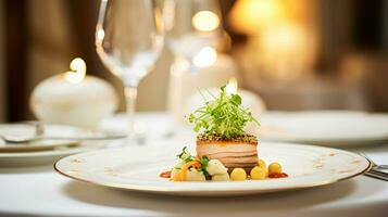 ai generado Exquisito principal curso comida a un lujo restaurante, Boda comida abastecimiento y Inglés cocina foto