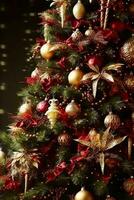 AI generated Christmas tree with classic ornaments and decorations, English country house and cottage style, Merry Christmas and Happy Holidays wishes, generative ai photo