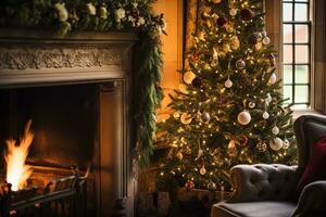 AI generated Christmas, holiday decor and country cottage style, cosy atmosphere, decorated Christmas tree in the English countryside house living room with fireplace, interior decoration photo