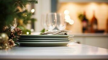 ai generado vajilla y vajilla conjunto para invierno fiesta familia cena, Navidad menaje decoración para Días festivos en el Inglés país casa, regalo conjunto y hogar peinado foto