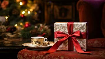 AI generated Christmas gift box near cosy fireplace in the English country cottage, winter holidays, boxing day celebration and holiday shopping photo