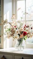 AI generated Floral arrangement with winter, autumn or early spring botanical plants and flowers photo