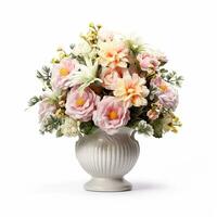 AI generated Beautiful bouquet of blooming flowers in a vintage vase isolated on white background, country style home decor and interior design, generative ai photo