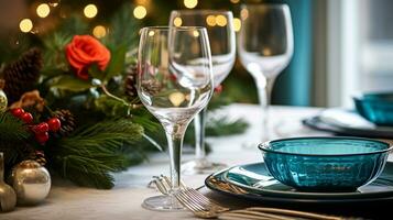 ai generado Navidad fiesta familia desayuno, mesa ajuste decoración y festivo paisaje de mesa, Inglés país y hogar peinado foto