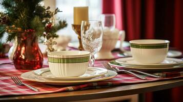 ai generado Navidad fiesta familia desayuno, mesa ajuste decoración y festivo paisaje de mesa, Inglés país y hogar peinado foto