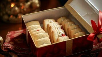 AI generated Christmas biscuits, holiday biscuit gift box and home bakes, winter holidays present for English country tea in the cottage, homemade shortbread and baking recipe photo