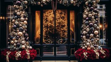 ai generado Navidad decoración detalles en Inglés estilizado lujo alto calle ciudad Tienda puerta o compras ventana mostrar, fiesta rebaja y tienda decoración foto
