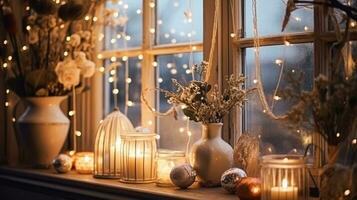 AI generated New Year party decor, home decoration for festive holiday celebration photo