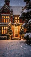 AI generated Christmas in the countryside manor, English country house mansion decorated for holidays on a snowy winter evening with snow and holiday lights, Merry Christmas and Happy Holidays photo