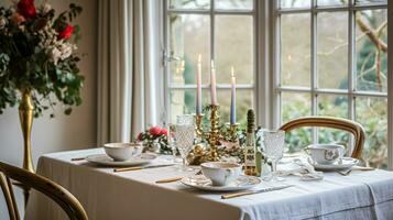 ai generado Navidad fiesta familia desayuno, mesa ajuste decoración y festivo paisaje de mesa, Inglés país y hogar peinado foto