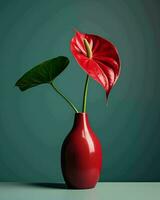 AI generated Anthurium flower in red vase on green background. 3d render photo