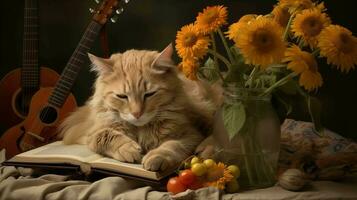 ai generado linda jengibre gato leyendo un libro con un guitarra y girasoles foto