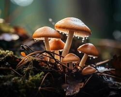 ai generado hongos creciente en el bosque después lluvia. selectivo atención foto