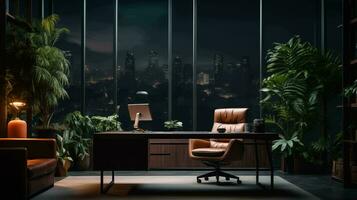 AI generated Interior of modern office with city view. 3D Rendering photo