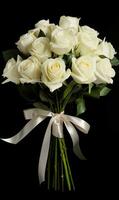 AI generated Bouquet of white roses with a bow on a black background photo