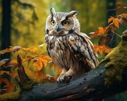 AI generated Beautiful owl sitting on a branch in the autumn forest. Wildlife scene. photo