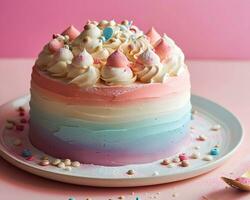 AI generated Rainbow cake on a pink background. Shallow dof. photo