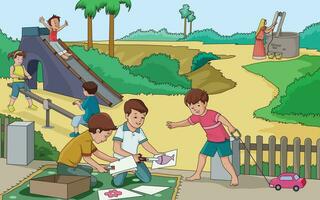 pueblo escena, niños jugando y haciendo colorante y mujer atractivo fuera agua desde el bien vector