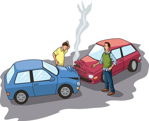 Illustration showing car crash with two people standing near the cars