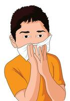 Cute boy putting his handkerchief on his mouth to prevent coughing vector