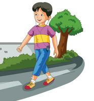 Cute boy walking on the road and listening to music vector