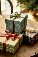 ai generado Navidad regalos y regalos, país cabaña rústico estilo regalo cajas para día festivo, boxeo día y Días festivos compras, generativo ai foto