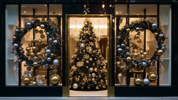 AI generated Christmas decoration details on English styled luxury high street city store door or shopping window display, holiday sale and shop decor photo