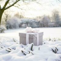 AI generated Christmas holiday gift and present, gift box in the snow in snowfall winter countryside nature for boxing day, holidays shopping sale photo