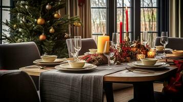 AI generated Christmas holiday family breakfast, table setting decor and festive tablescape, English country and home styling photo