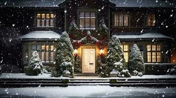 ai generado Navidad en el campo señorío, Inglés país casa mansión decorado para Días festivos en un Nevado invierno noche con nieve y fiesta luces, alegre Navidad y contento Días festivos foto