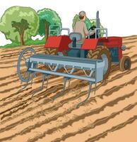 Man ploughing the field while sitting on his tractor vector