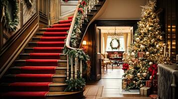 ai generado Navidad a el señorío, grandioso Entrada salón con escalera y Navidad árbol, Inglés campo decoración y interior decoración foto