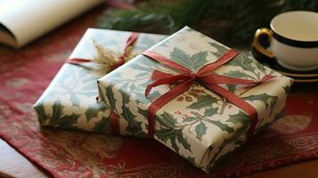 AI generated Christmas gift wrapping idea for boxing day and winter holidays in the English countryside tradition photo