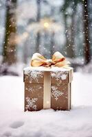 AI generated Christmas holiday gift and present, gift box in the snow in snowfall winter countryside nature for boxing day, holidays shopping sale photo