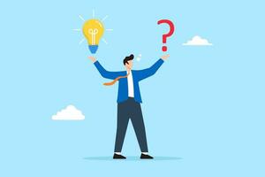 Smart businessman holding questions mark and light bulb solutions in flat design vector