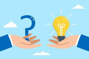 Two businessman hand holding question mark and light bulb for answer in flat design vector