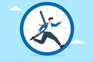 Businessman running and hurry in time clock in flat design vector