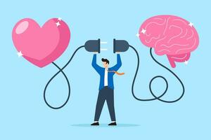 hombre conectando corazón emociones con humano cerebro en plano diseño vector