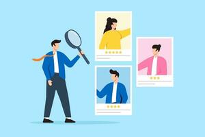 HR recruiter analyzing candidate with magnifying glass in flat design vector