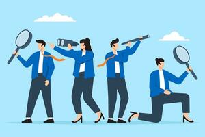 Professional business team with binoculars and telescope in flat design vector