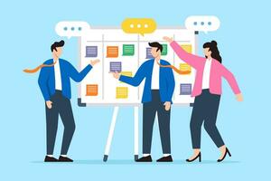 Business people collaborative workshop with whiteboard and sticky notes in flat design vector