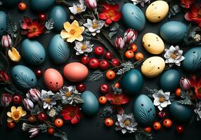 AI generated Colorful easter eggs with flowers background photo